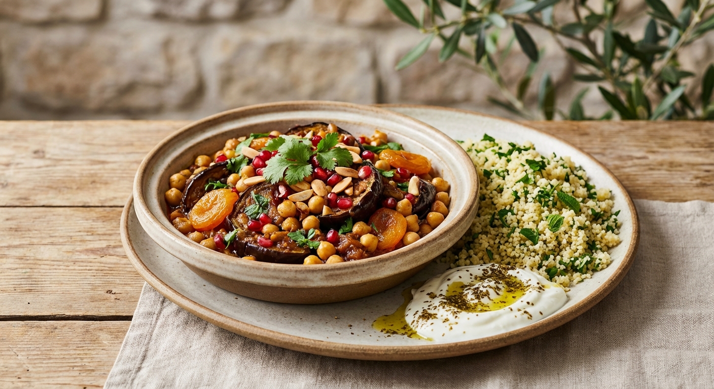 Roasted Eggplant & Chickpea Tagine with Herbed Couscous and Yogurt