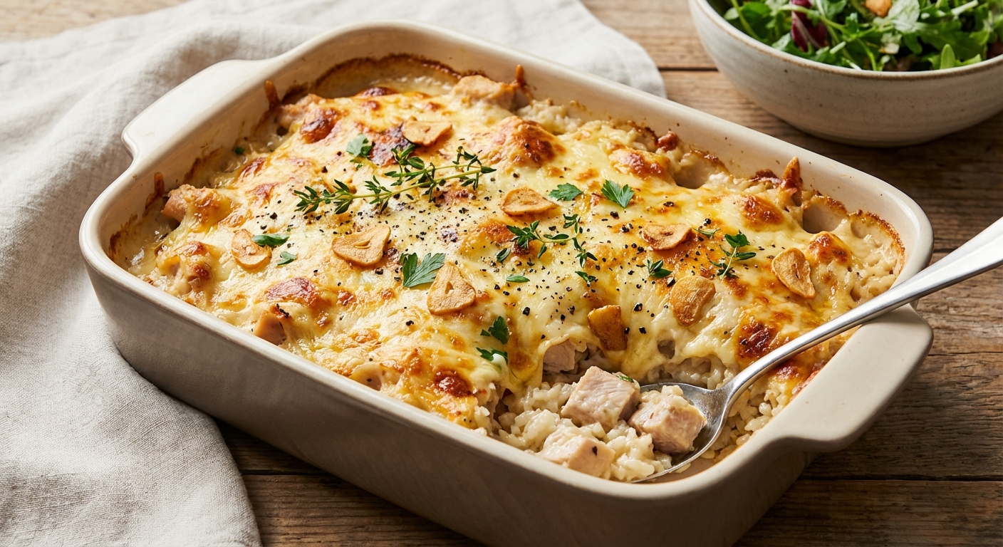 Cheesy Garlic Chicken and Rice Bake