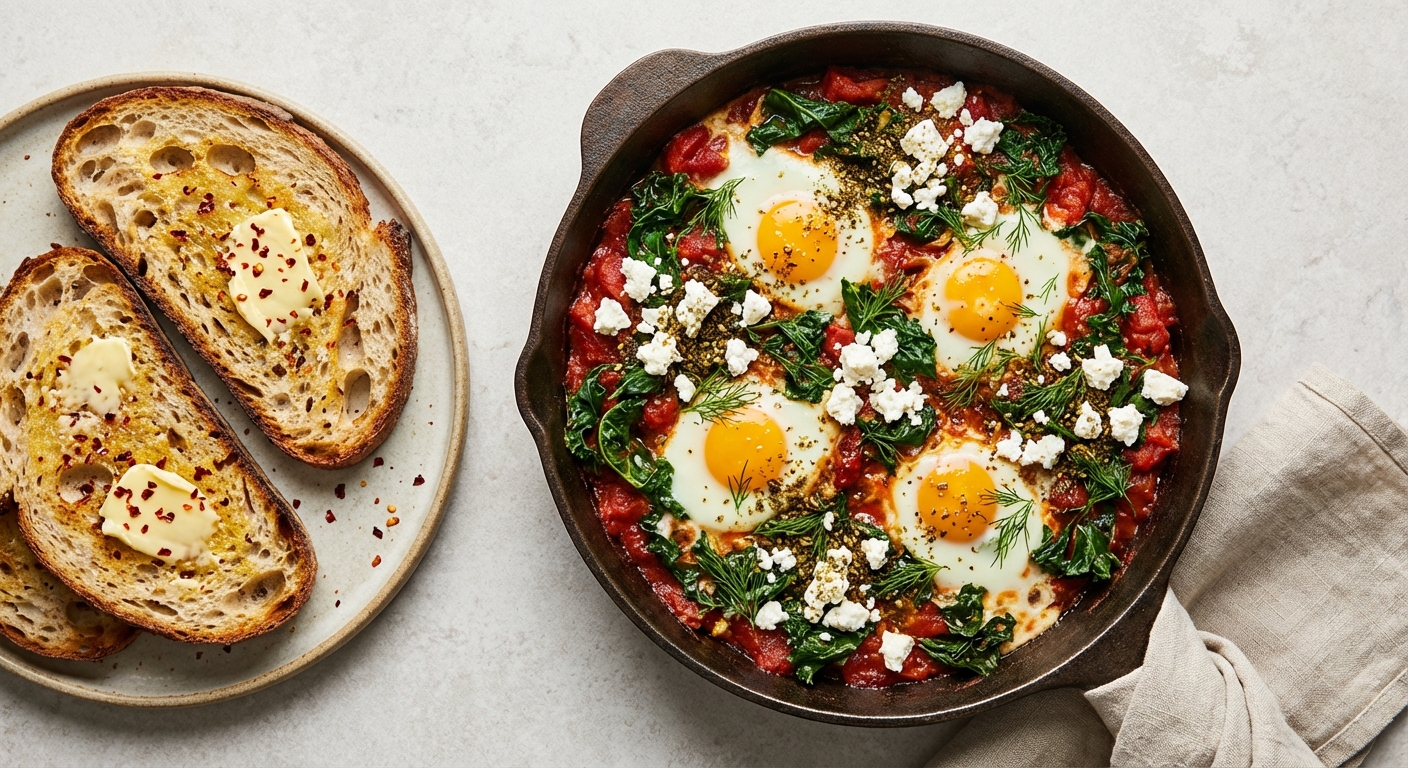 Winter Kale Shakshuka with Crumbled Feta and Toasted Sourdough