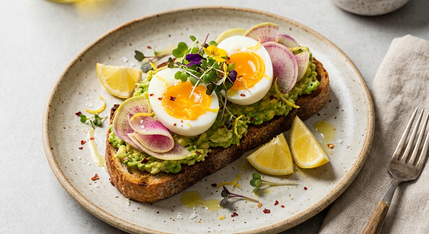Avocado & Soft‑Boiled Egg Open Gluten‑Free Sandwich with Radish, Lemon & Microgreens