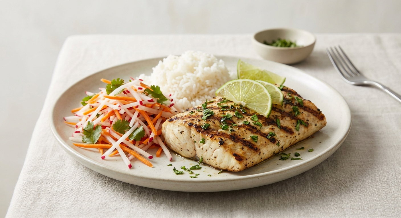 Char‑Grilled Lime‑Cumin Mahi‑Mahi with Coconut‑Jasmine Rice and Radish‑Cilantro Spring Slaw