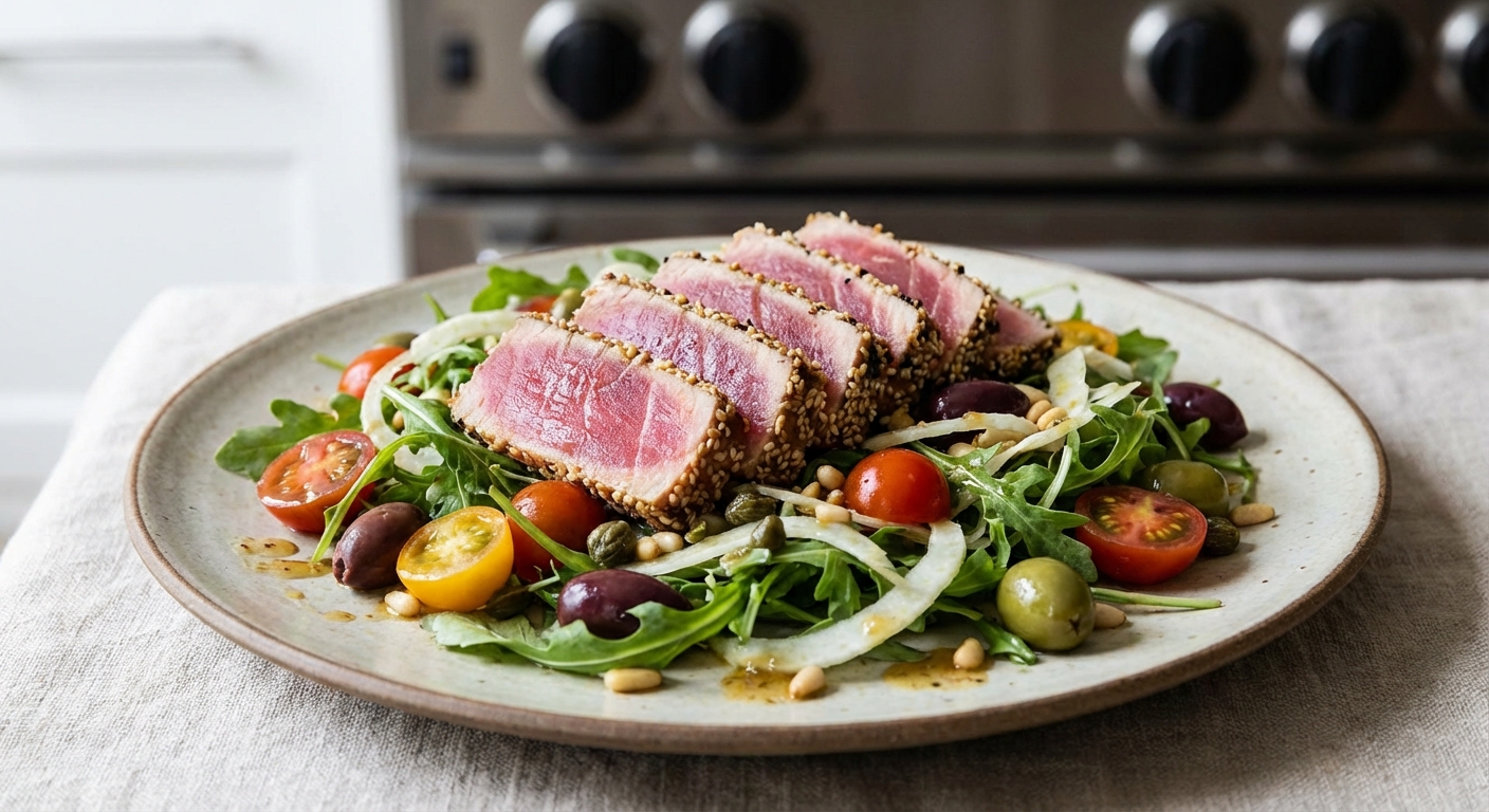 Seared Tuna Salad with Olives & Arugula