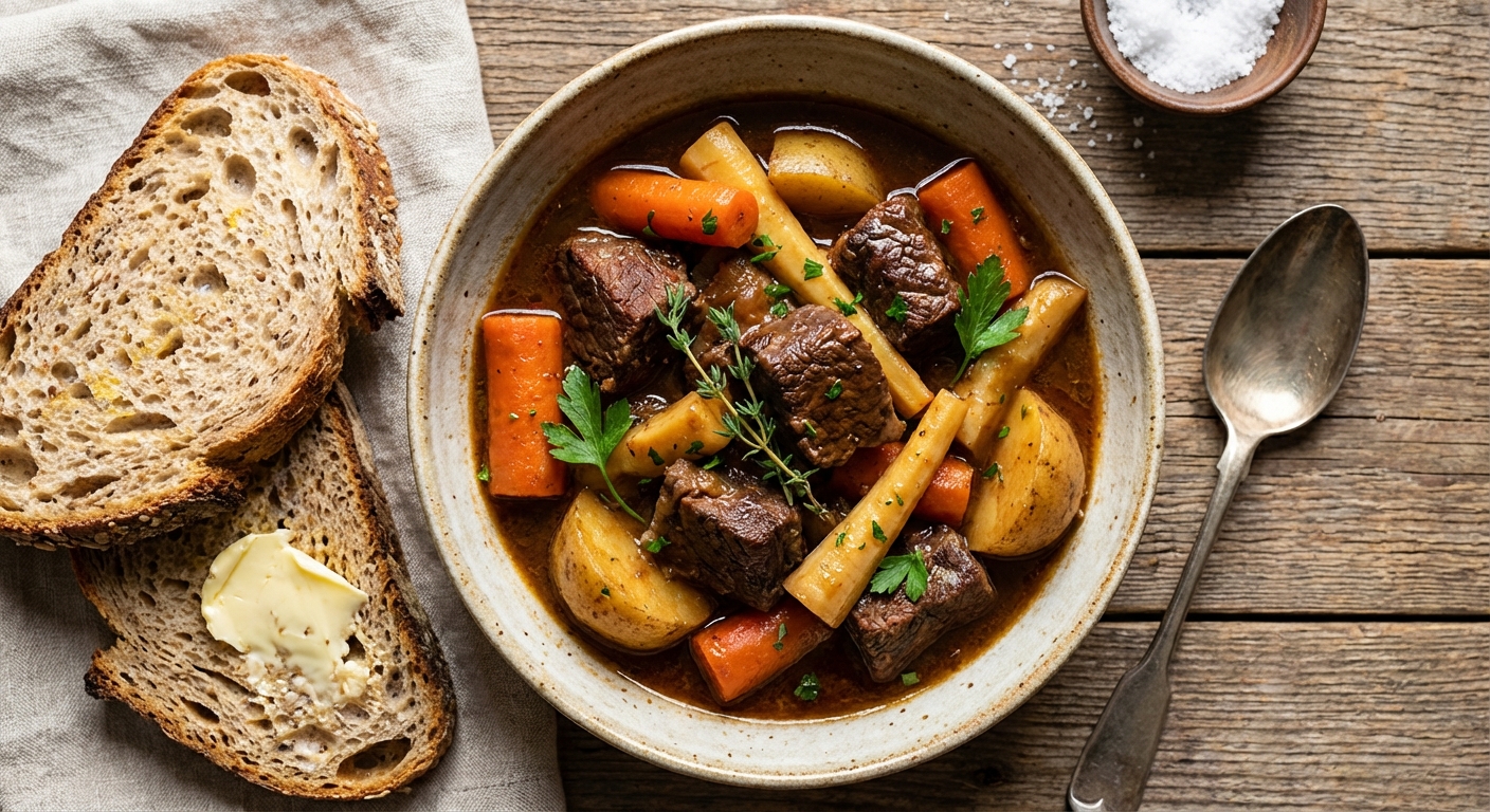 Beef & Root Vegetable Stew with Whole-Grain Bread