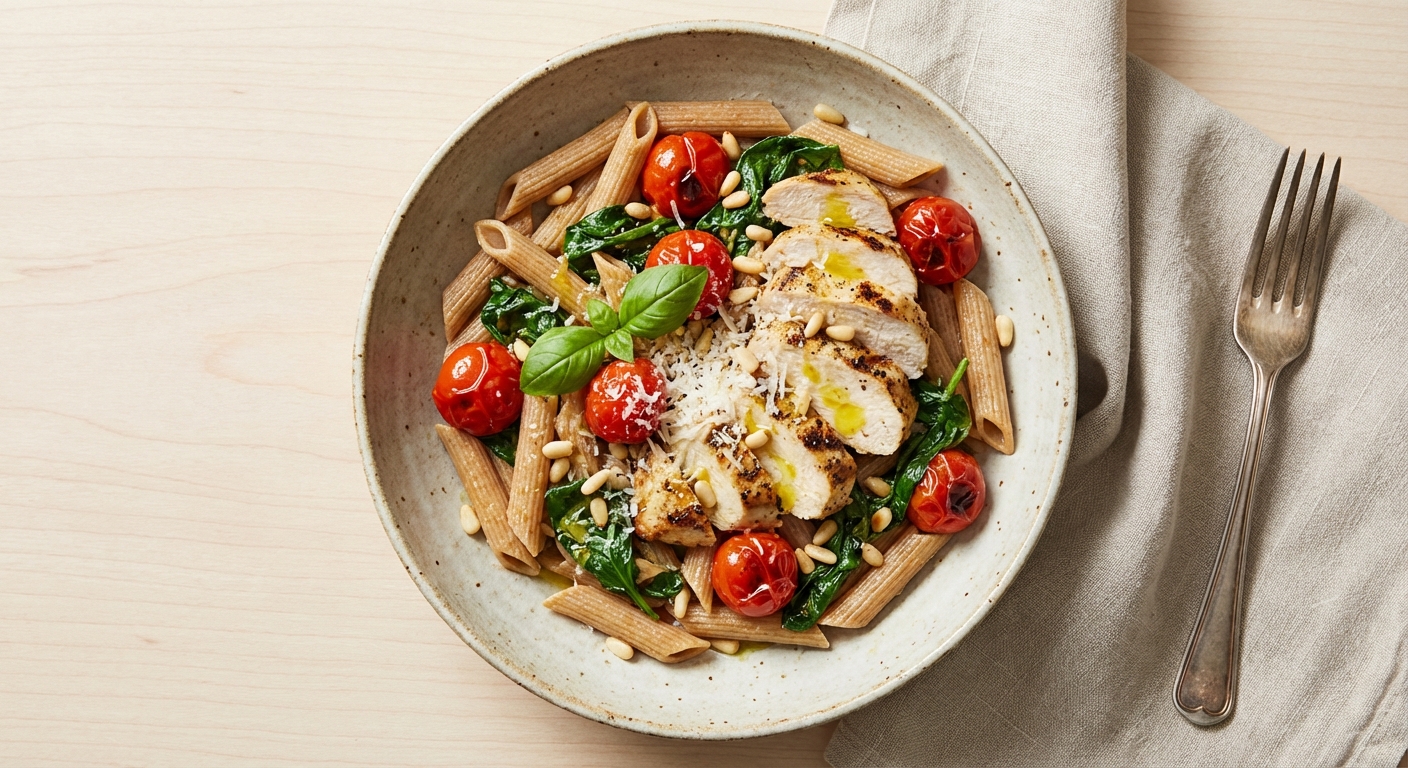 Whole-wheat Penne with Grilled Chicken, Cherry Tomatoes & Spinach
