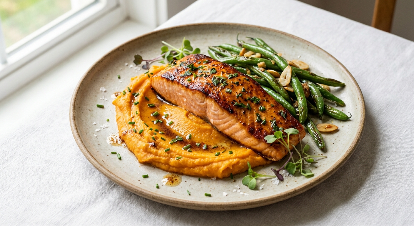 Baked Salmon with Sweet Potato Mash & Sautéed Green Beans