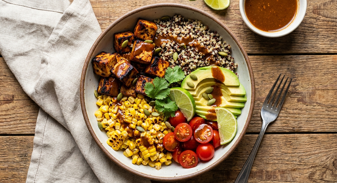 Citrus‑Marinated Tofu Grain Bowl with Tri‑Color Quinoa, Grilled Corn, Avocado & Smoky BBQ Vinaigrette