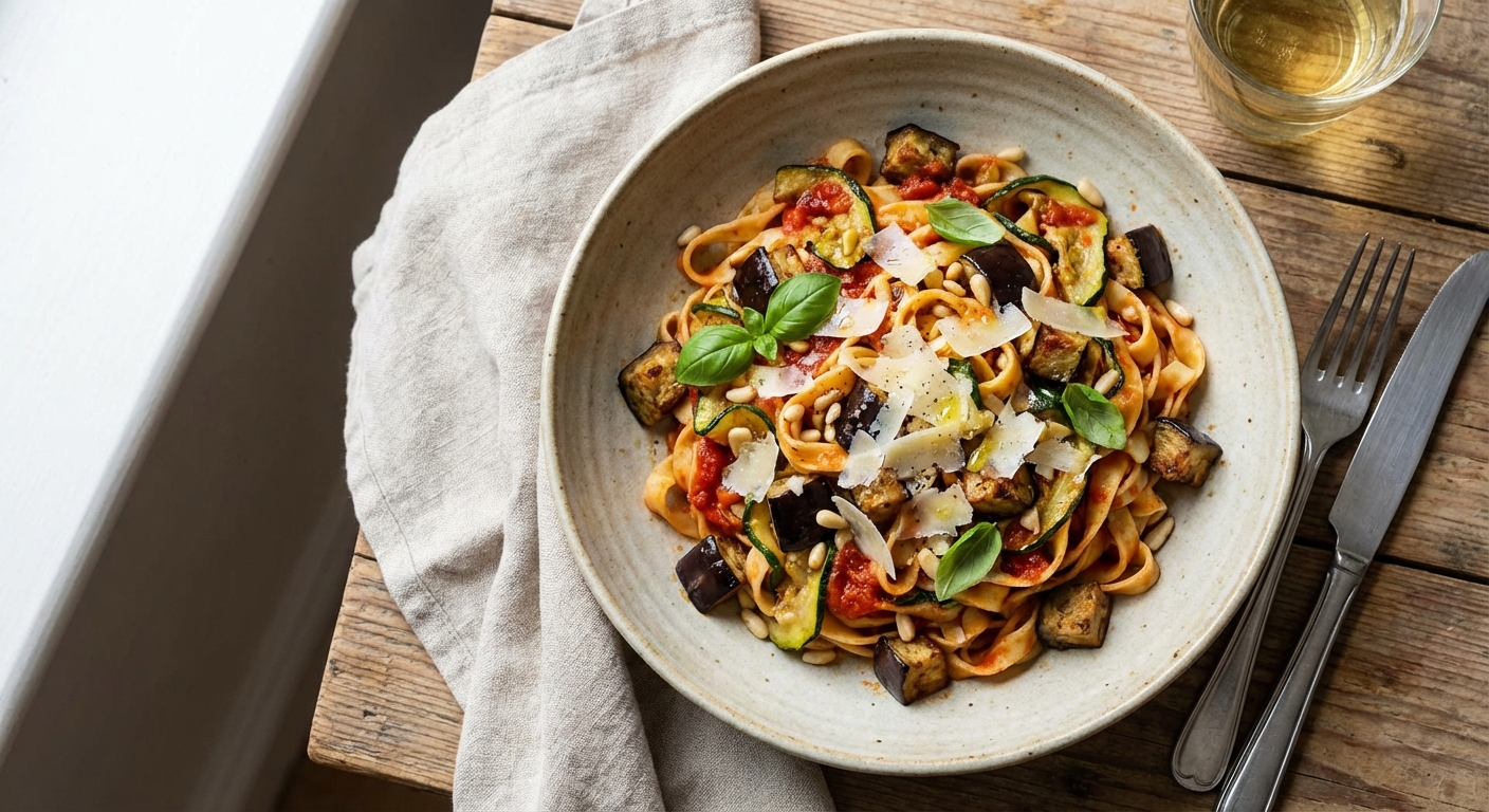 Vegetarian Pasta with Eggplant, Zucchini & Parmesan