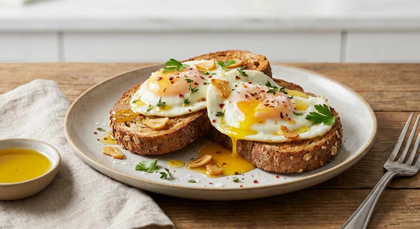 Olive Oil–Basted Eggs on Toasted Whole-Grain with Warm Garlic-Onion Oil