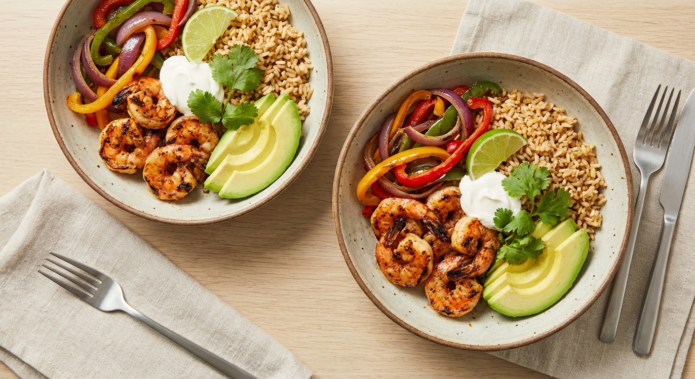 Shrimp Fajita Bowls with Brown Rice, Peppers & Avocado