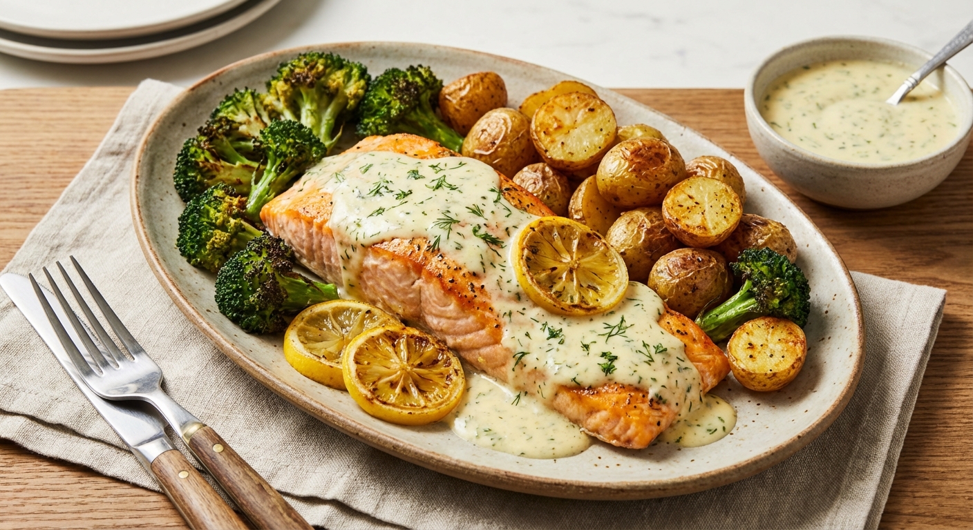 Baked Lemon-Dill Salmon with Roasted Baby Potatoes & Broccoli
