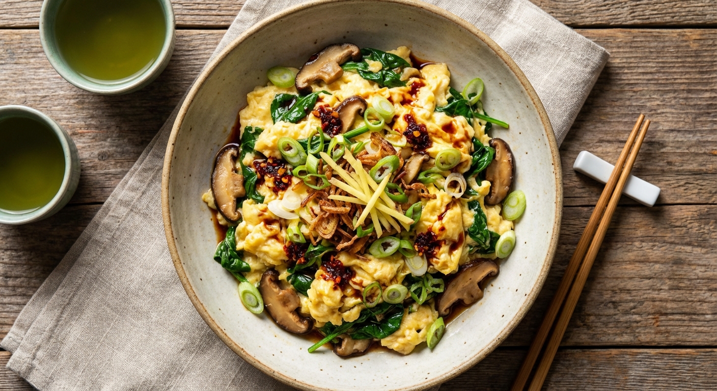 Ginger-Scallion Scrambled Eggs with Spinach & Shiitake