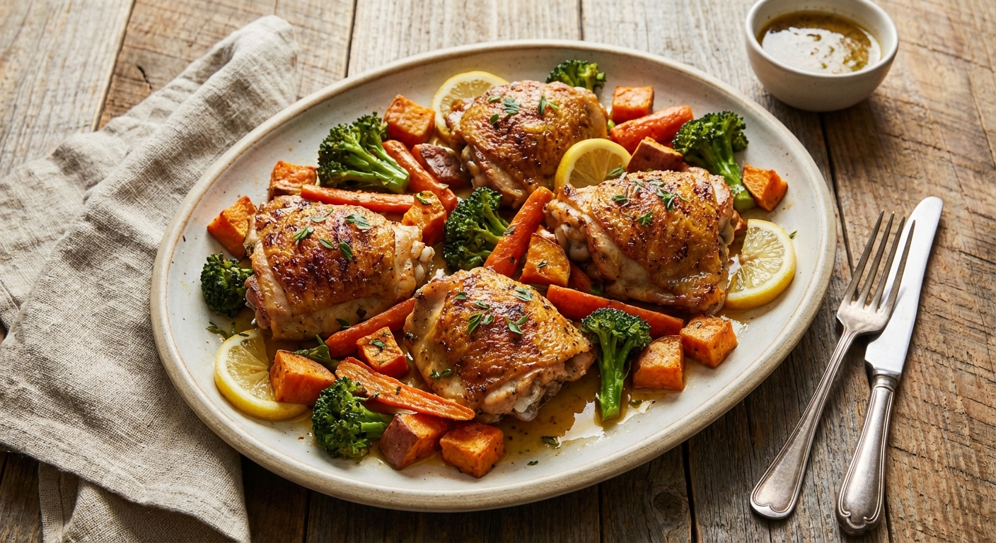 Herb-Roasted Chicken Thighs with Roasted Sweet Potatoes, Carrots & Broccoli