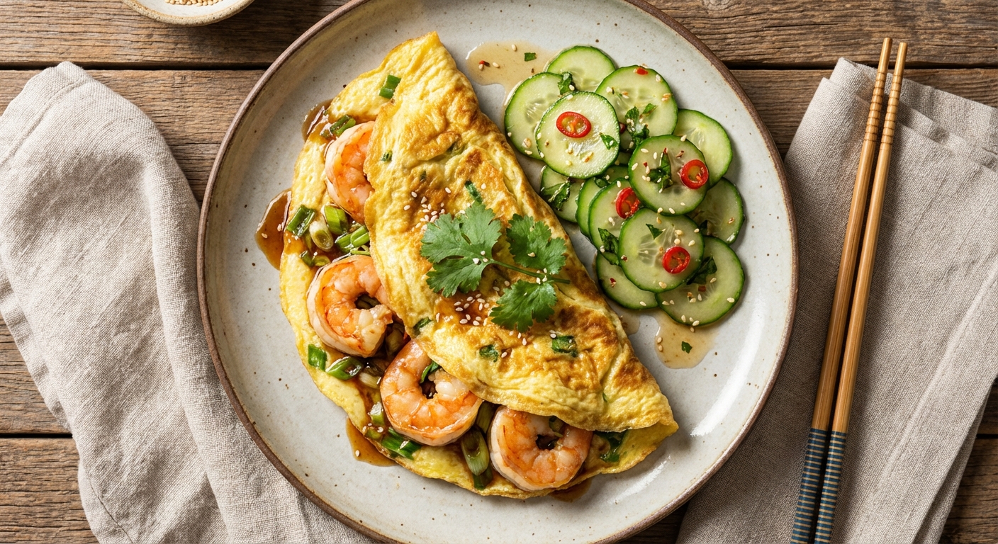 Asian-Inspired Shrimp & Scallion Omelette with Quick Cucumber Salad