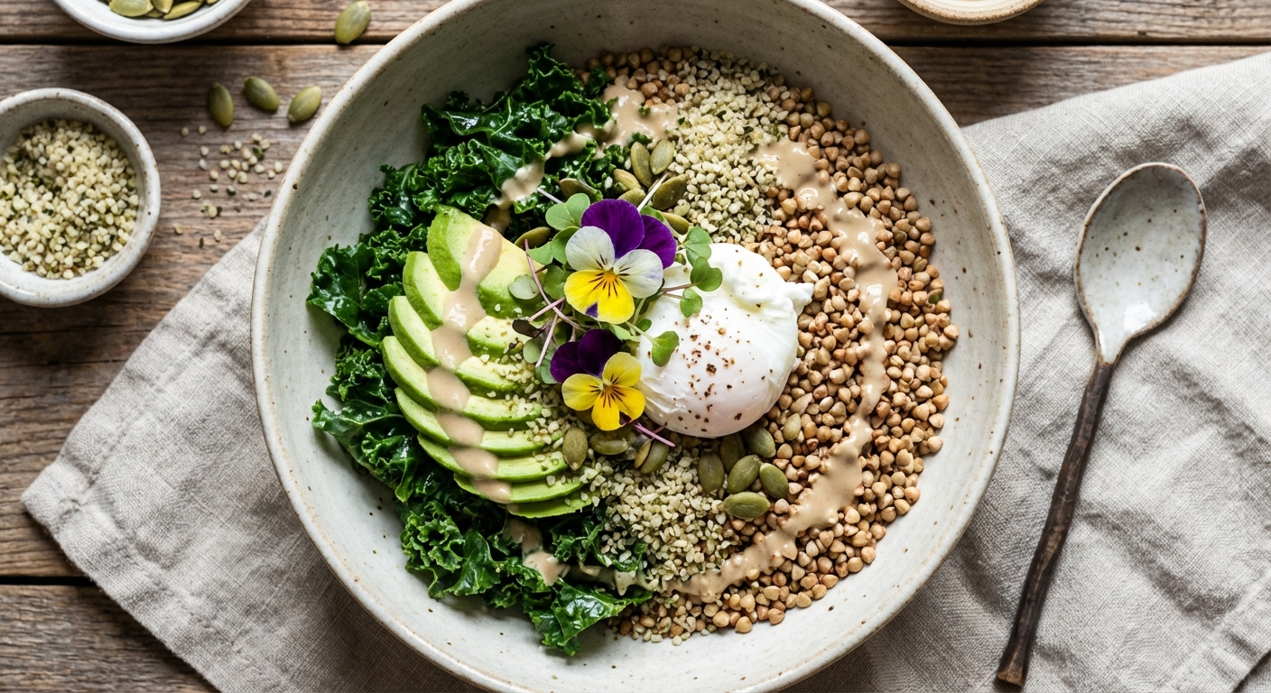 Savory Buckwheat Breakfast Bowl with Kale, Avocado & Hemp