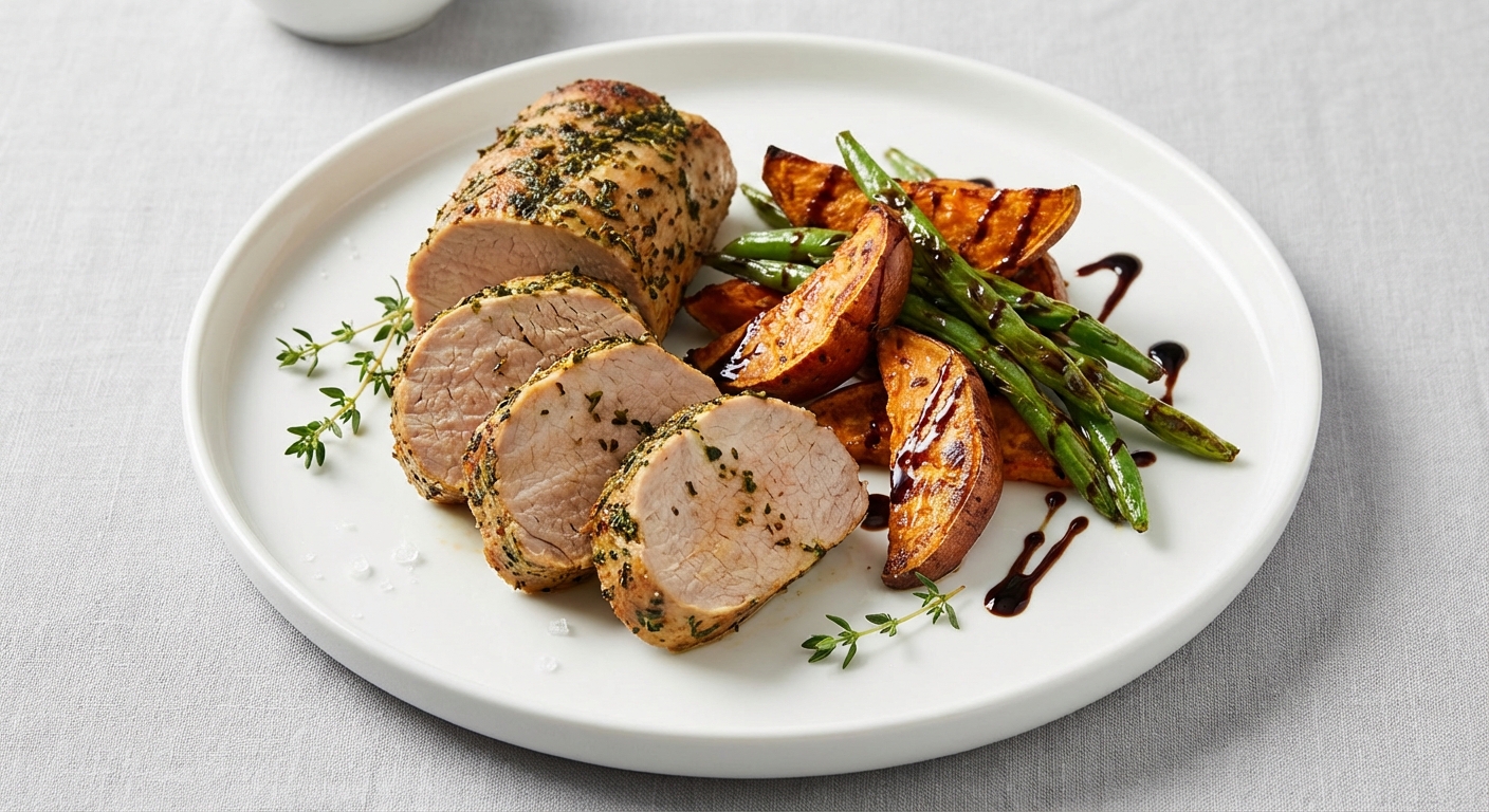 Herb-Crusted Pork Tenderloin with Roasted Sweet Potatoes & Green Beans