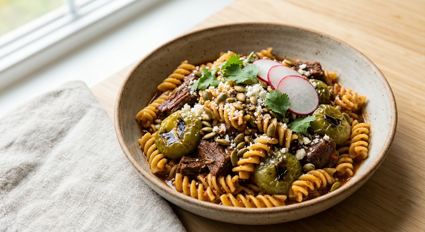 Chipotle Beef & Roasted Tomatillo Gluten-Free Fusilli with Toasted Pumpkin Seeds