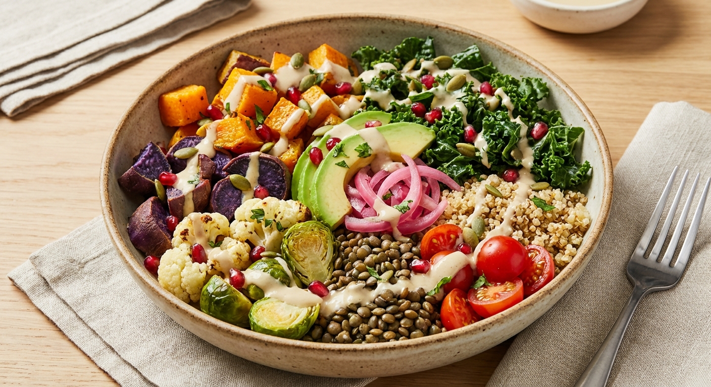 Lentil & Roasted Vegetable Buddha Bowl with Tahini Dressing