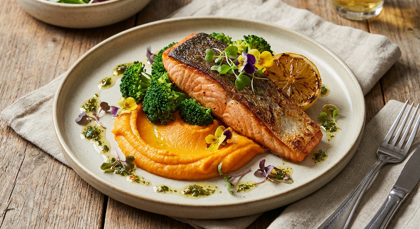 Roasted Salmon with Sweet Potato & Steamed Broccoli