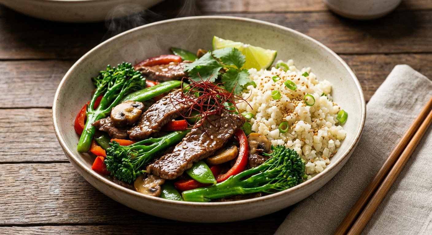Asian Beef & Vegetable Stir‑Fry with Garlic Sesame Cauliflower Rice