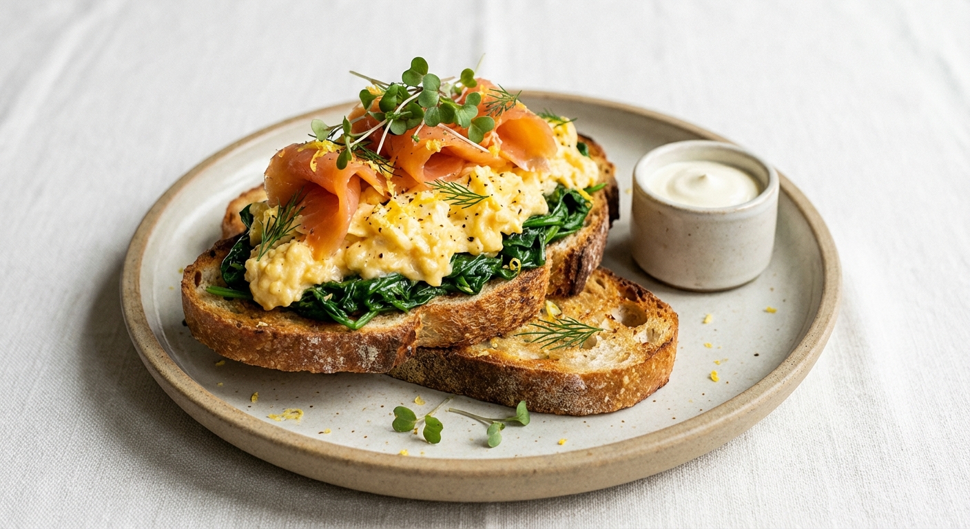 Scrambled Eggs with Spinach & Smoked Salmon on Sourdough