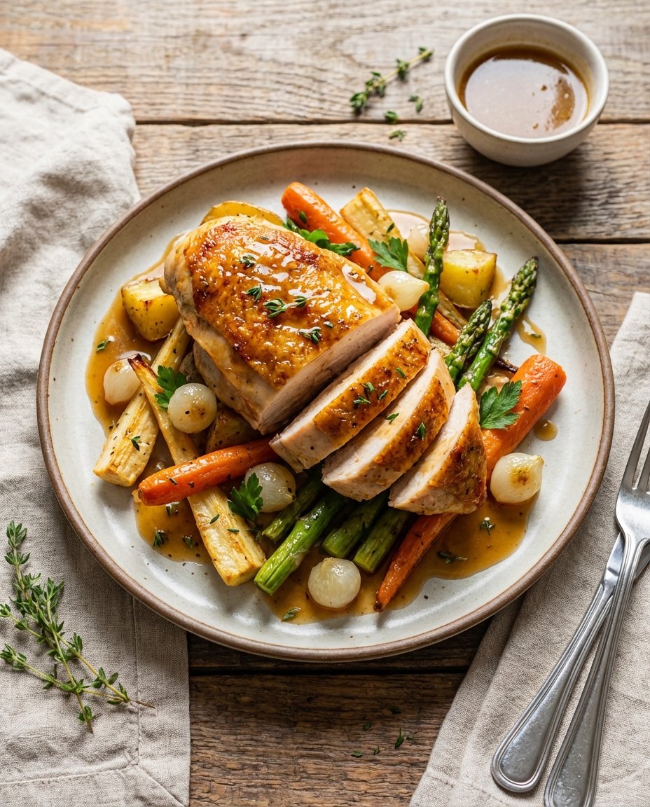 Baked Chicken and Vegetable Medley with Broth Sauce
