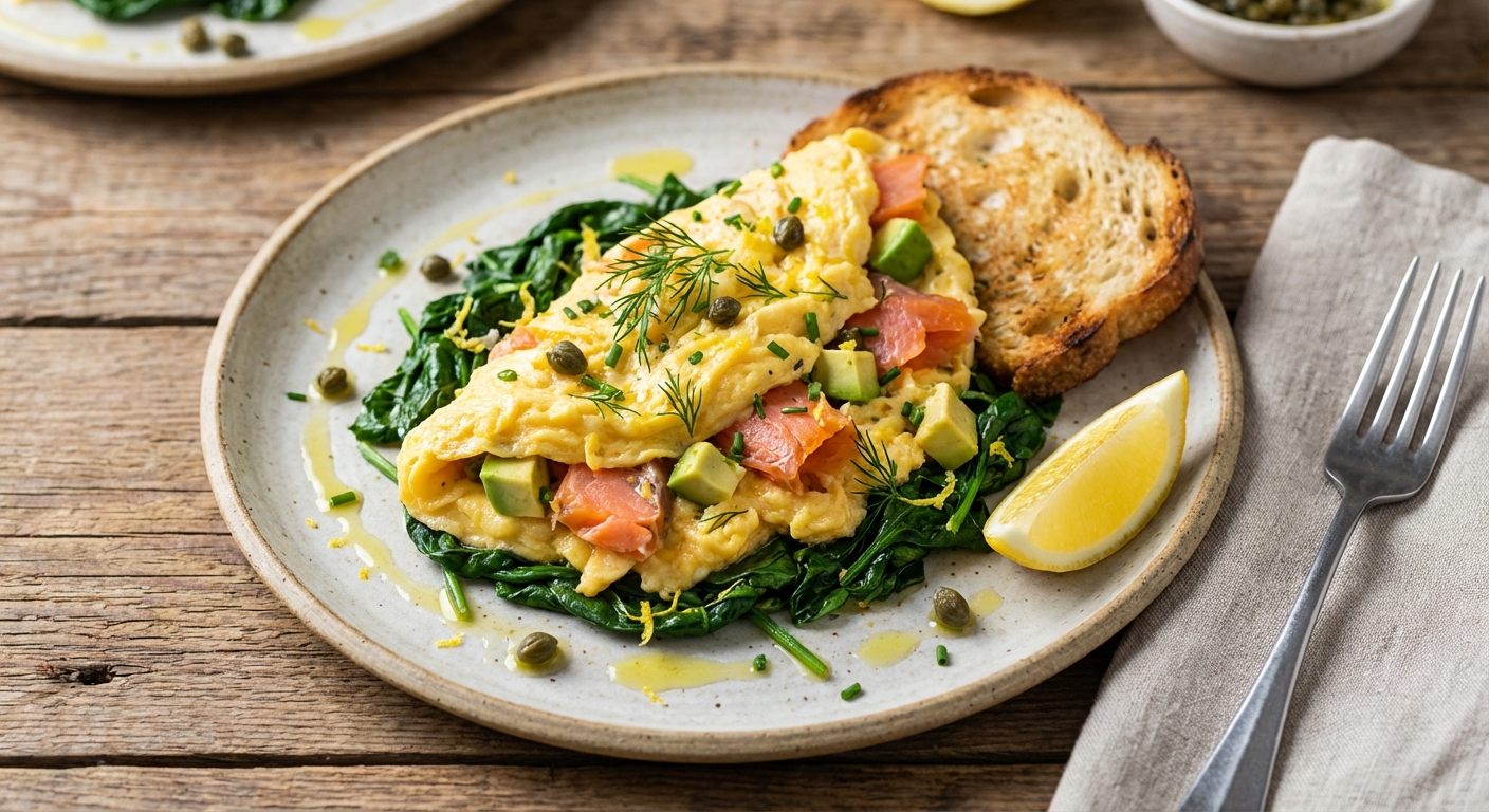 Smoked Salmon & Avocado Scrambled Eggs with Wilted Spinach