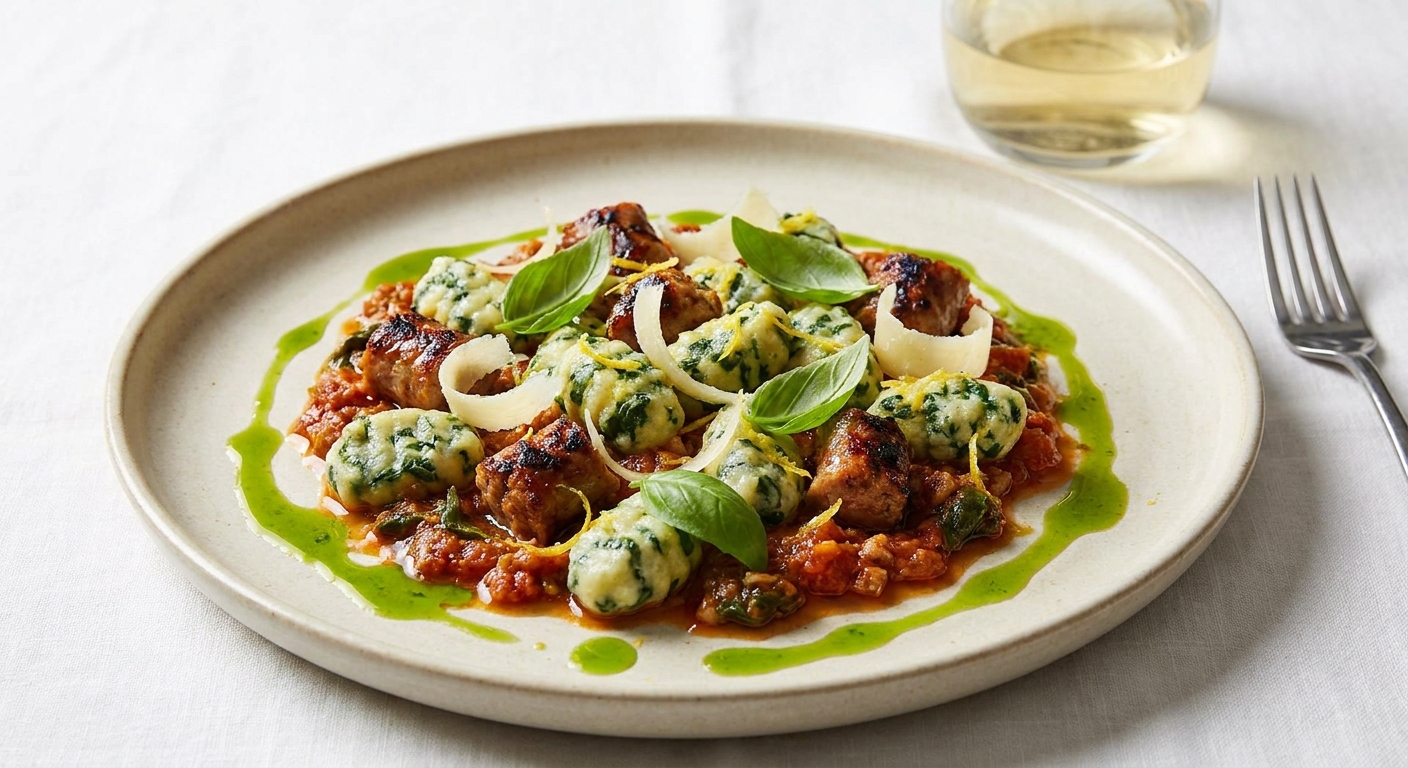 Lemony Ricotta & Spinach Gnocchi with Grilled Sausage Ragù and Basil Oil