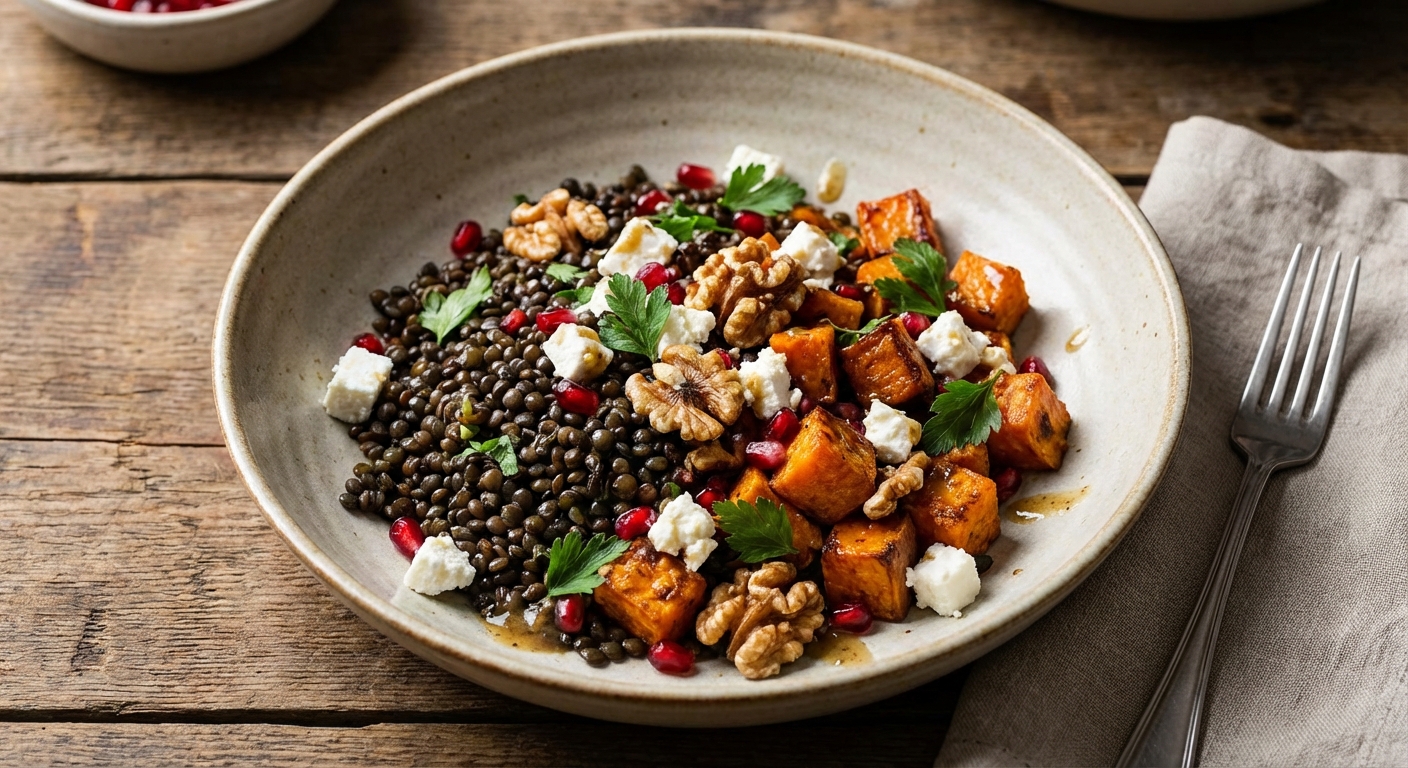 Warm Lentil & Roasted Sweet Potato Salad with Feta and Walnuts
