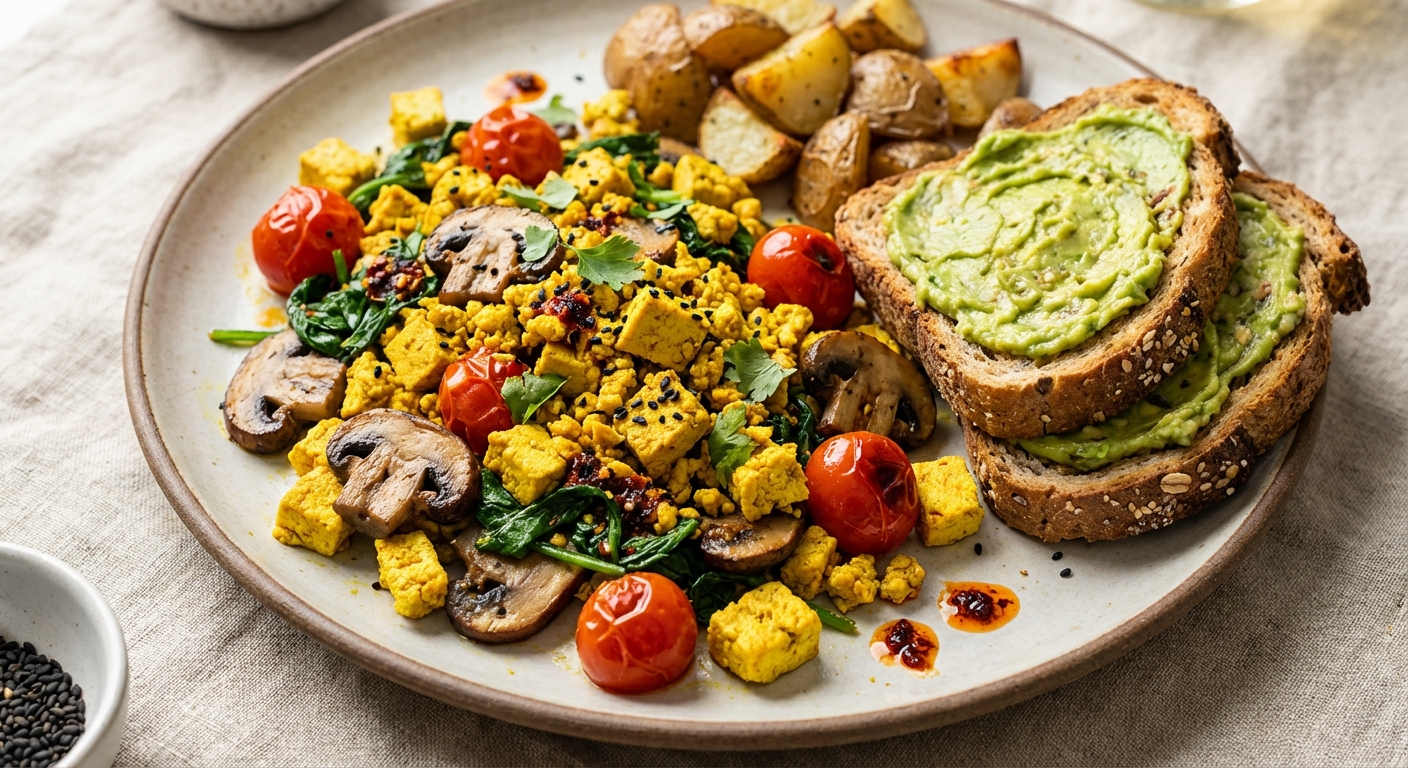 Golden Tofu Scramble with Mushrooms, Spinach & Whole-Grain Toast (Egg-Free)