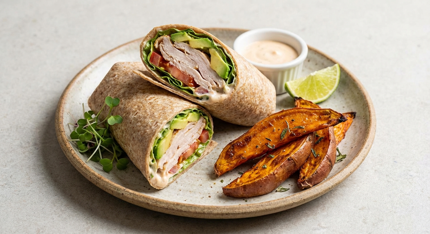 Turkey & Avocado Whole-Wheat Wrap with Roasted Sweet Potato Wedges