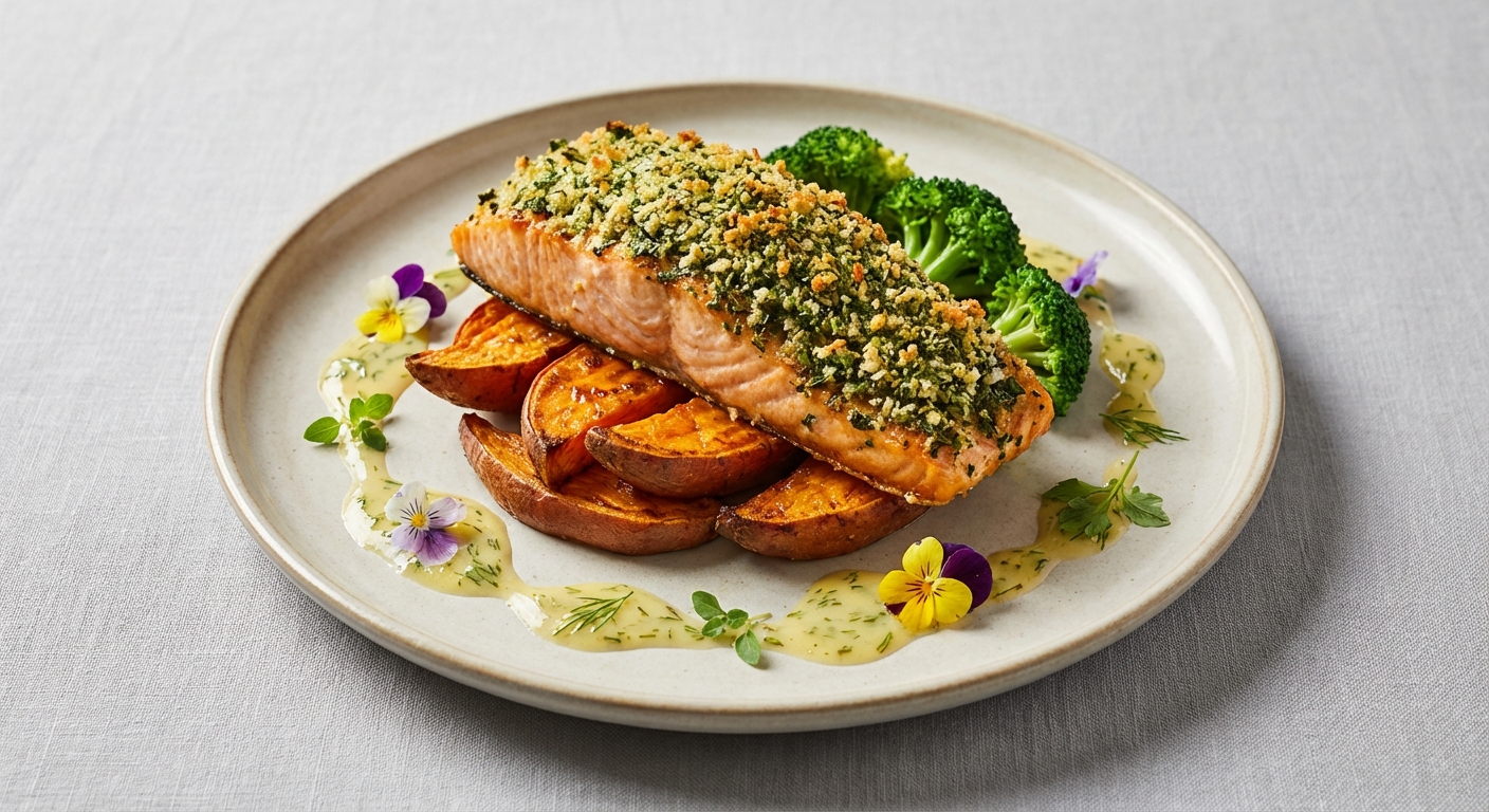 Herb‑Crusted Baked Salmon with Roasted Sweet Potato & Steamed Broccoli