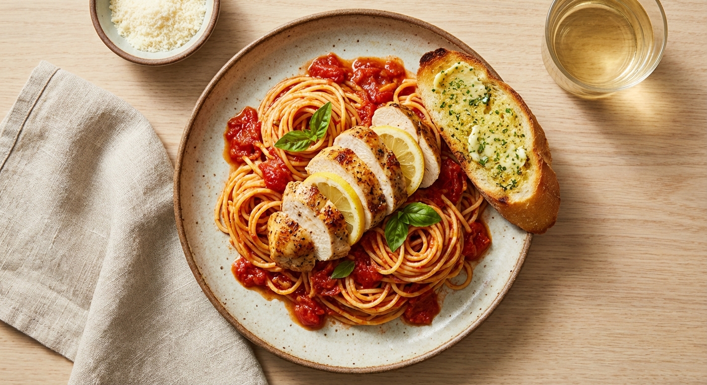 Tomato Garlic Pasta with Garlic Lemon Chicken and Garlic Butter Bread