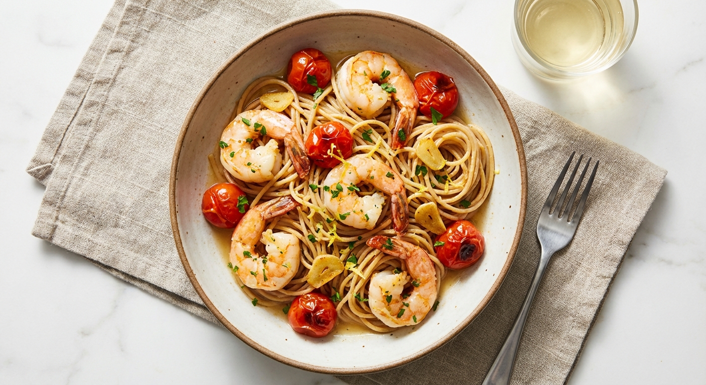 Garlic Shrimp & Whole-Wheat Spaghetti with Cherry Tomatoes, Lemon & Parsley