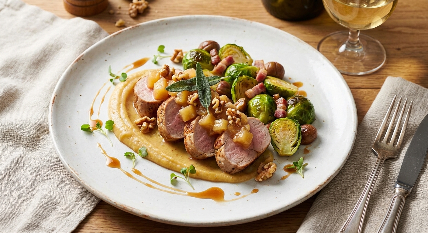Pork Tenderloin with Apple Compote and Roasted Brussels Sprouts