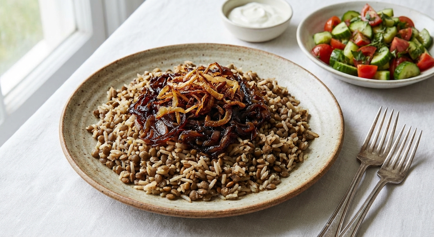 Mujaddara (Lentils & Rice) with Caramelized Onions and Cucumber-Tomato Salad