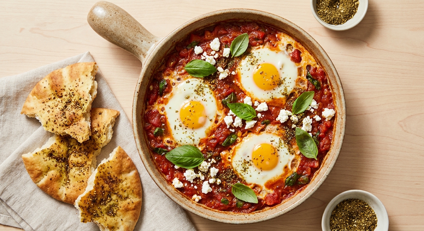 Baked Eggs in Summer Tomato‑Basil Ragù with Crispy Za'atar Pitas