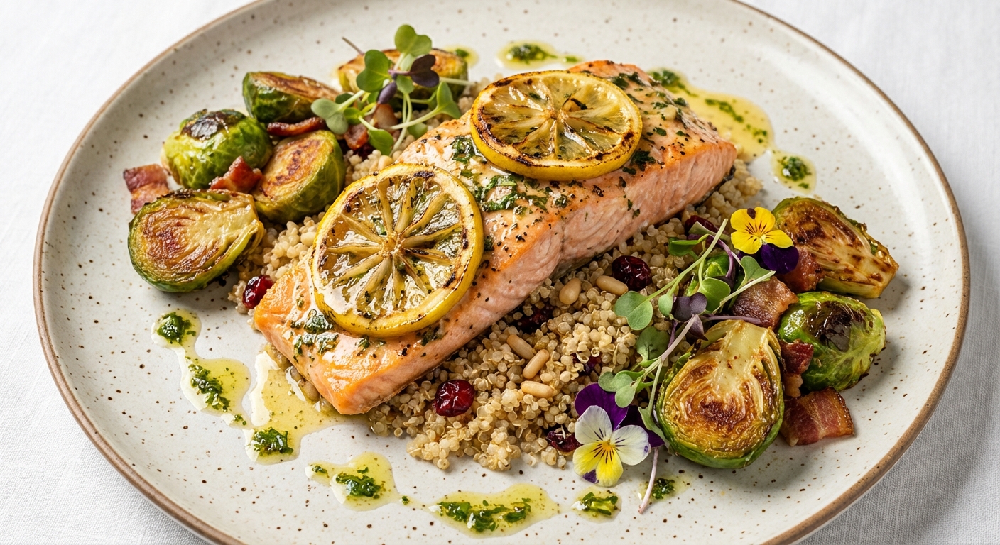 Baked Lemon-Herb Salmon with Quinoa & Roasted Brussels Sprouts
