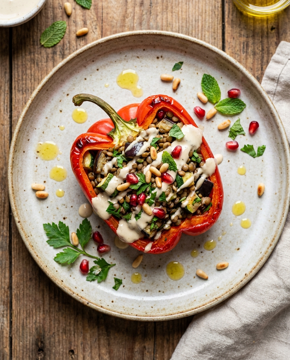 Lentil & Roasted Vegetable Stuffed Bell Pepper with Tahini–Greek Yogurt Sauce