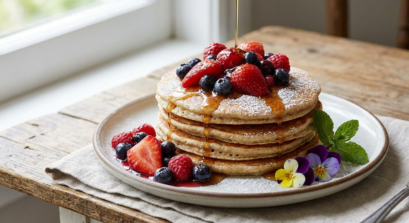 Egg-Free Oat Pancakes with Warm Mixed Berry Compote