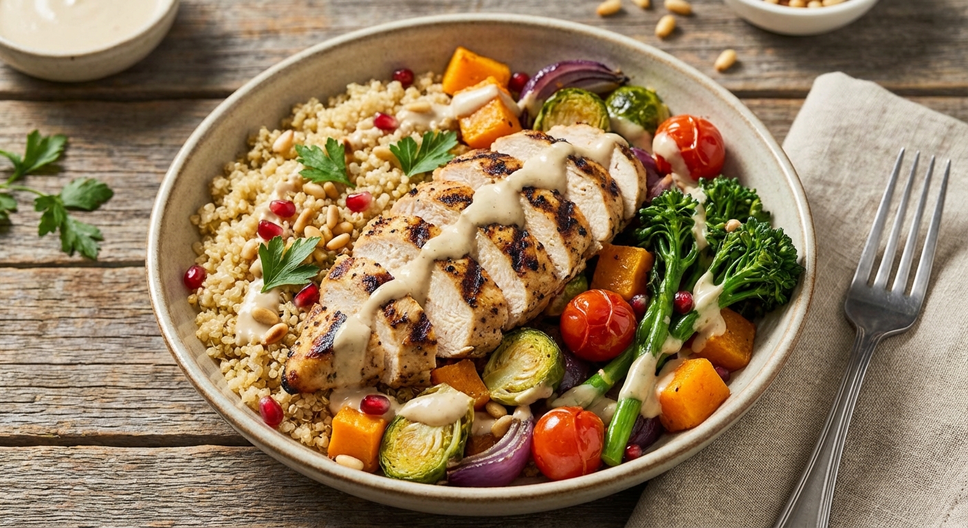 Grilled Chicken Quinoa Bowl with Roasted Vegetables & Tahini Dressing