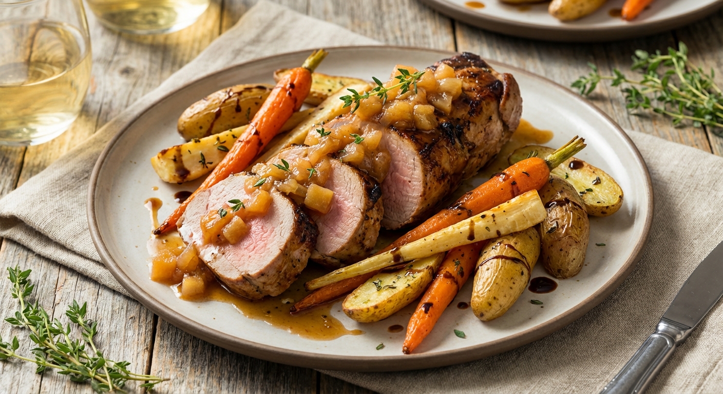 Roast Pork Tenderloin with Apple-Onion Compote & Roasted Root Vegetables