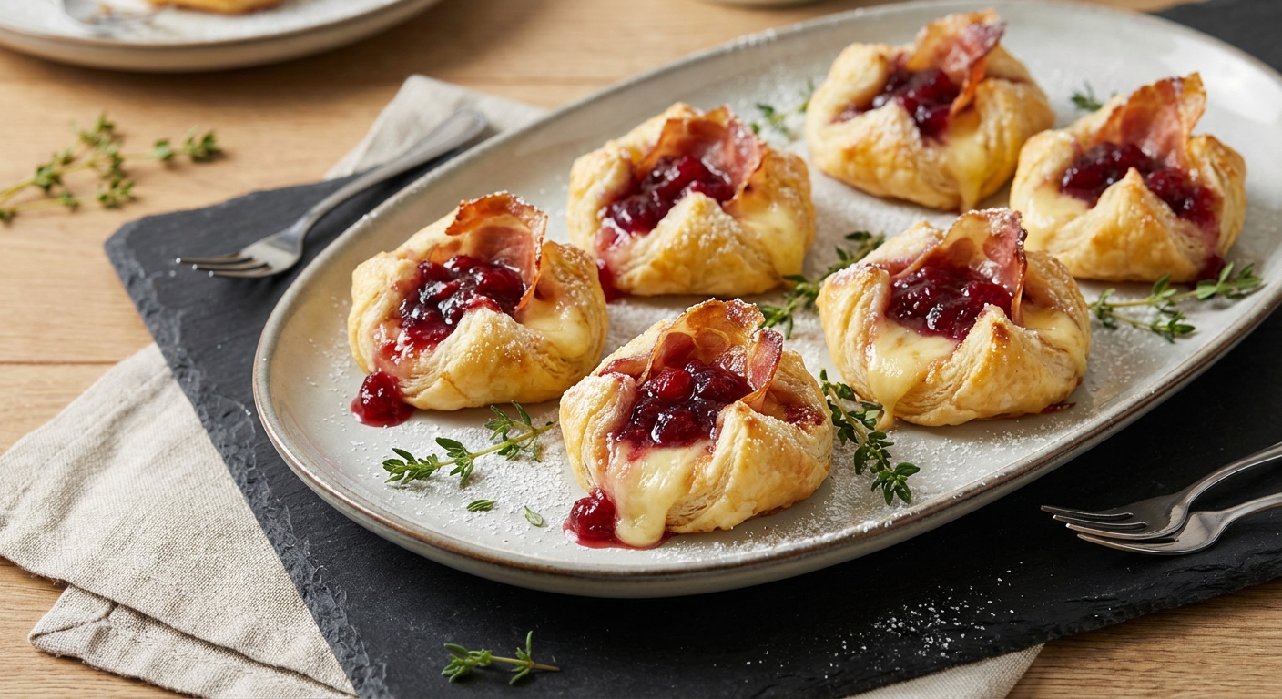 Brie and Cranberry Prosciutto Puff Pastry Bites