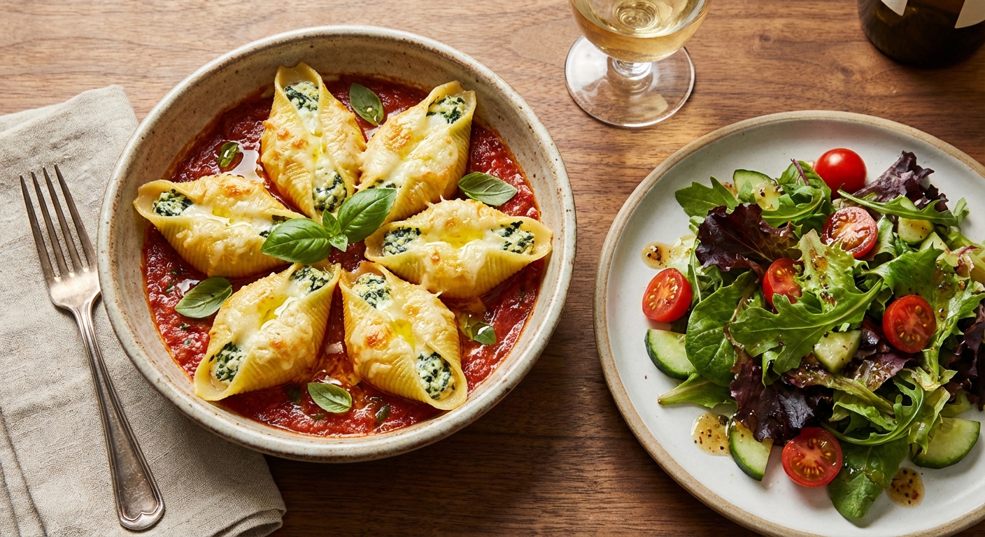 Spinach & Ricotta Stuffed Shells with Side Salad