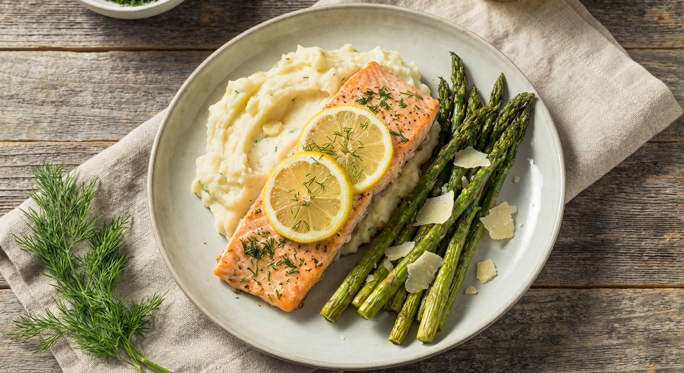 Baked Lemon-Dill Salmon with Garlic Mashed Potatoes and Roasted Asparagus