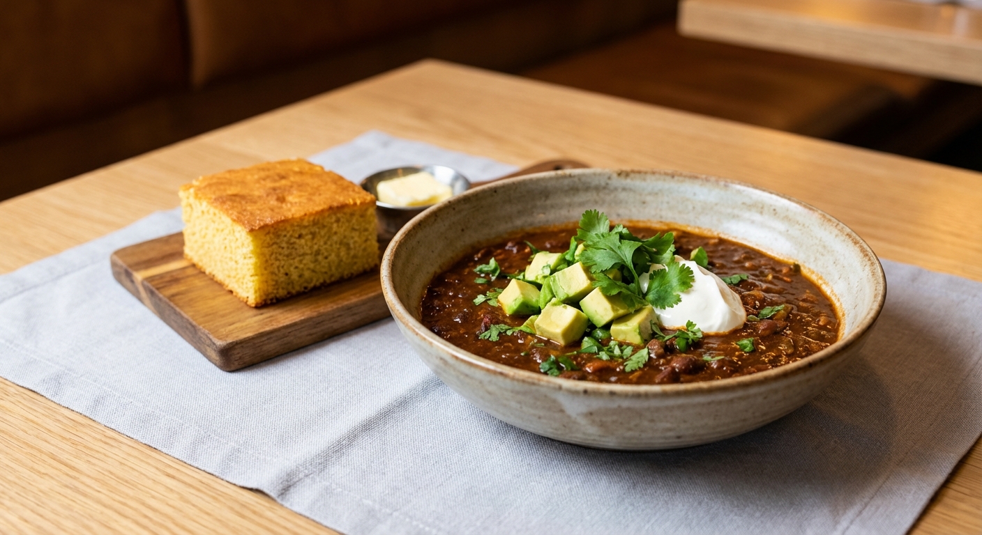 Turkey & Bean Chili with Egg-Free Cornbread (Apple­sauce Substitute)