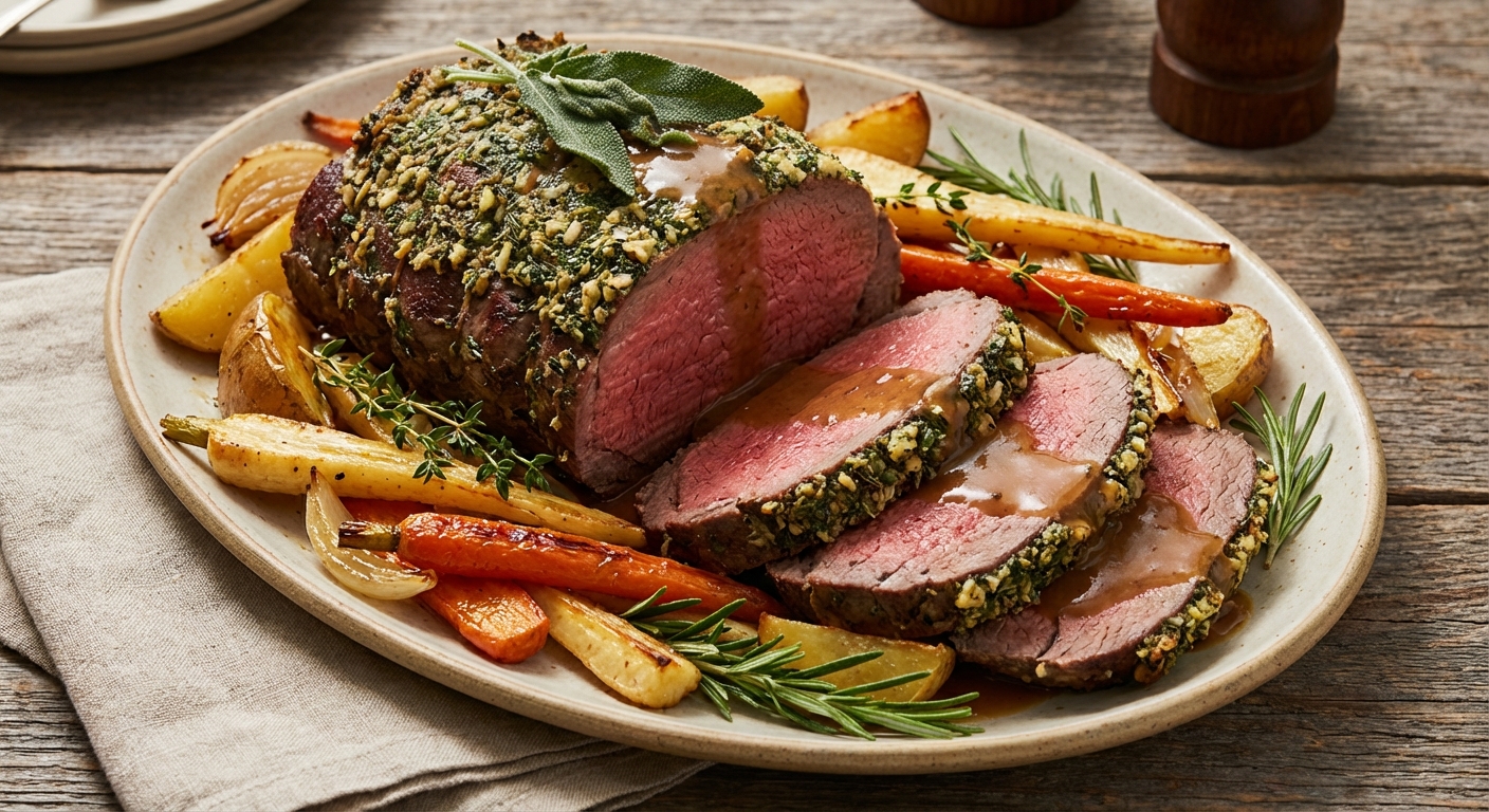 Herb-Crusted Beef Roast with Roasted Root Vegetables & Pan Gravy