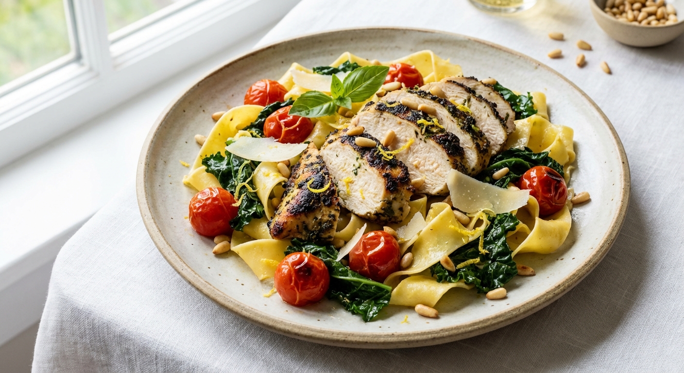 Grilled Lemon-Herb Chicken Pappardelle with Lacinato Kale & Cherry Tomatoes