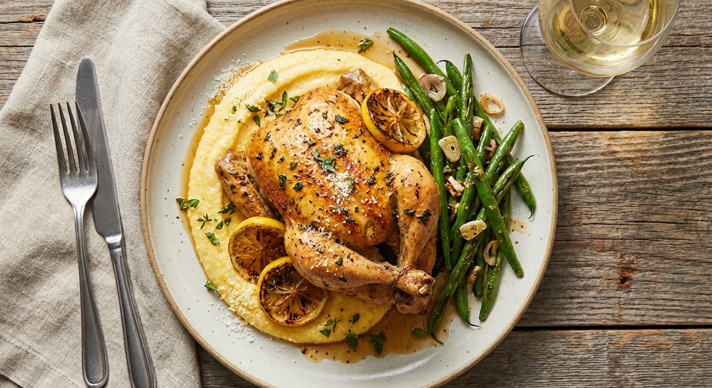 Lemon-Herb Roasted Chicken with Creamy Polenta & Sautéed Green Beans
