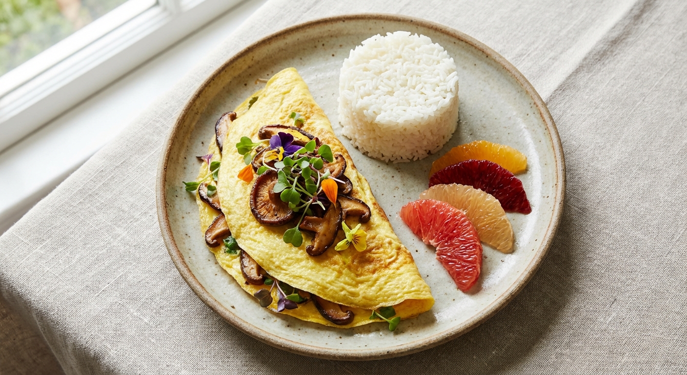 Vegetable Omelette with Shiitake Mushrooms, Jasmine Rice & Citrus