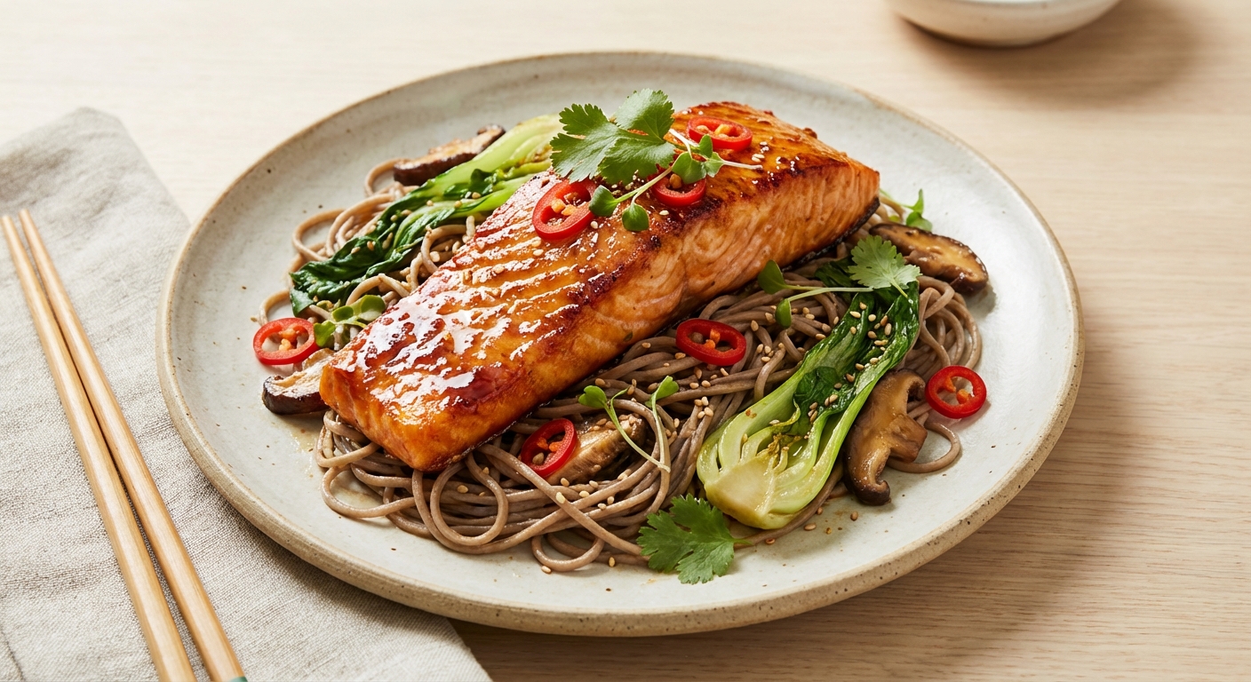 Miso-Honey Glazed Salmon with Warm Soba Noodles, Sesame-Shiitake & Braised Baby Bok Choy